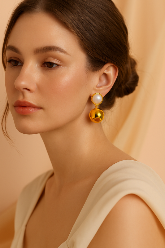 Lustre Drop – Pearl & Gold Sphere Earrings