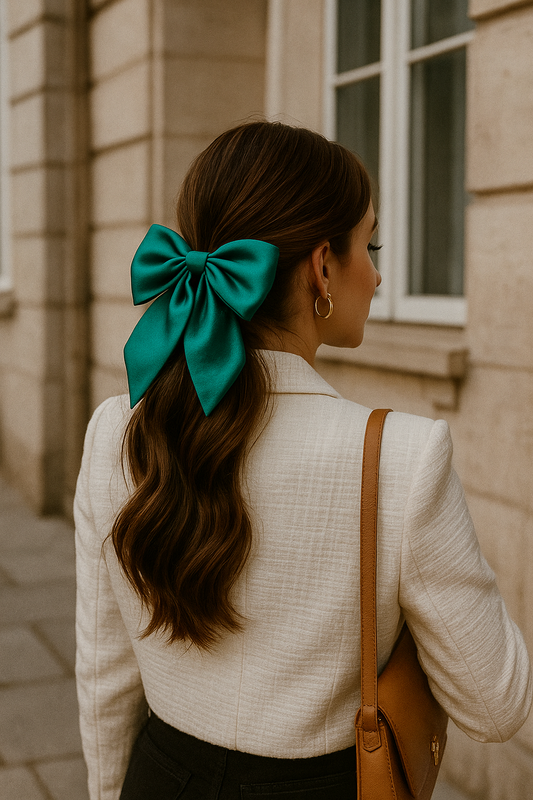 Emerald Poise – Premium Satin Bow Scrunchie