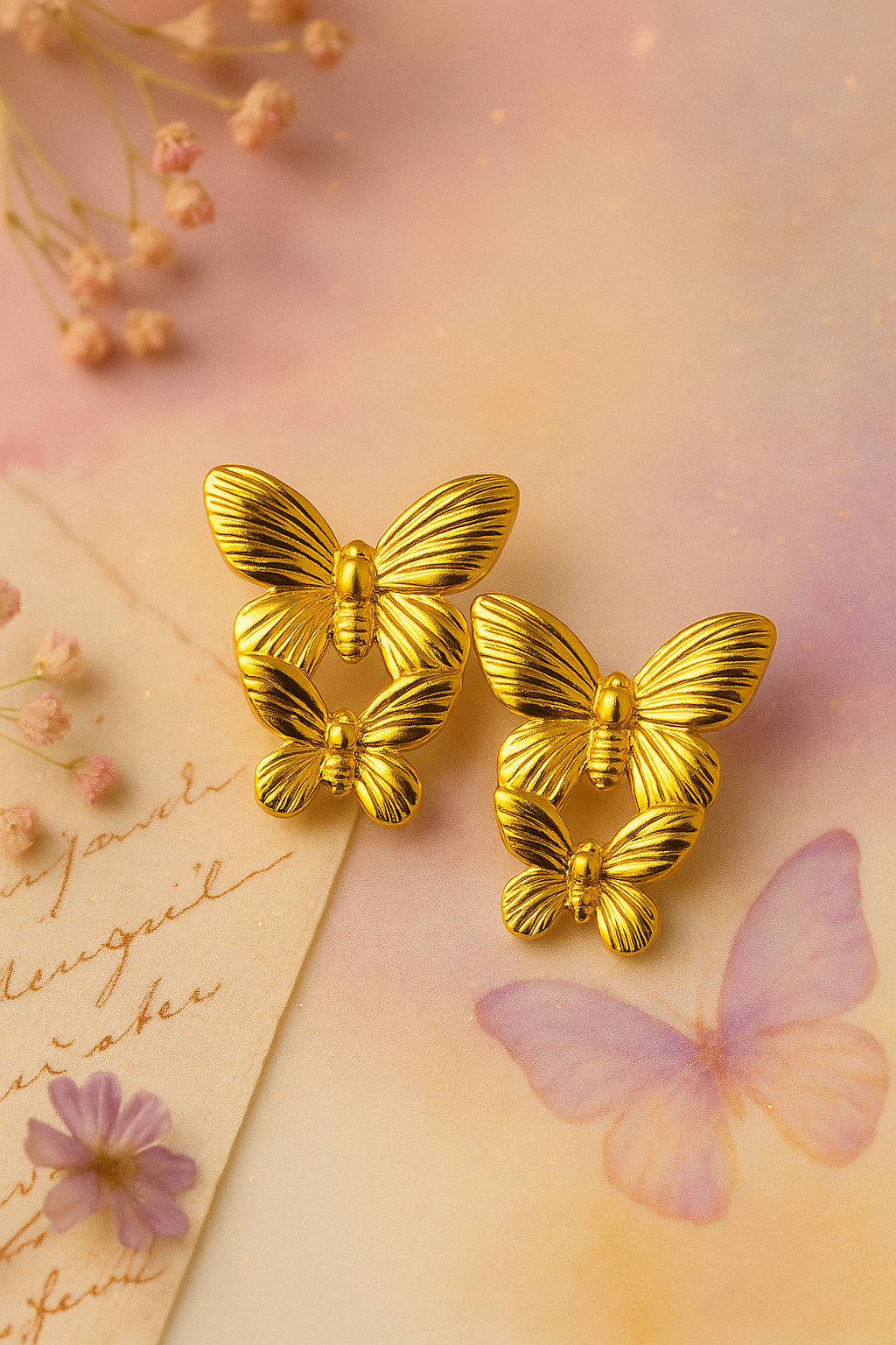 Butterfly Waltz – Double Butterfly Gold Earrings
