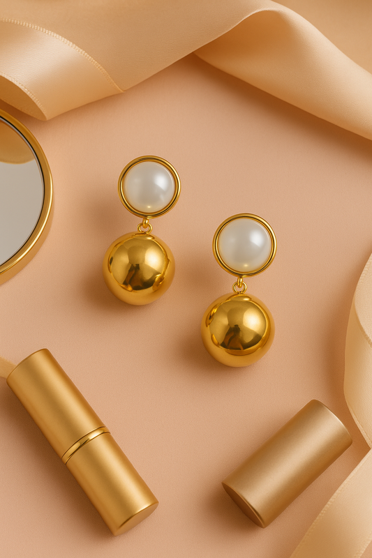 Lustre Drop – Pearl & Gold Sphere Earrings