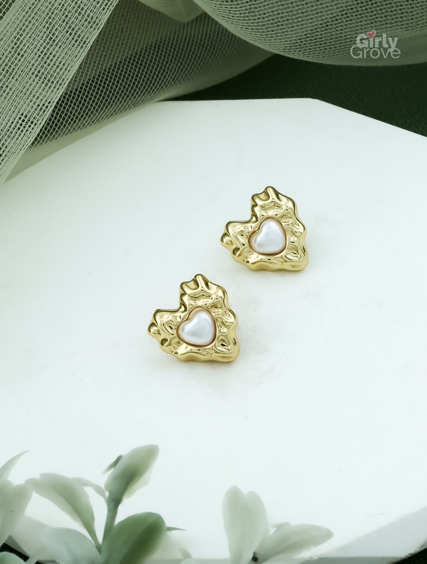 Molten Gold Heart Studs – A Luxe Statement in Pearl & Gold