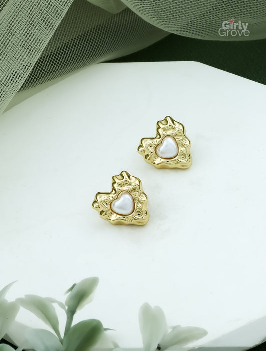 Molten Gold Heart Studs – A Luxe Statement in Pearl & Gold