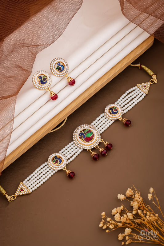Peacock Motif Kundan Pearl Choker Set