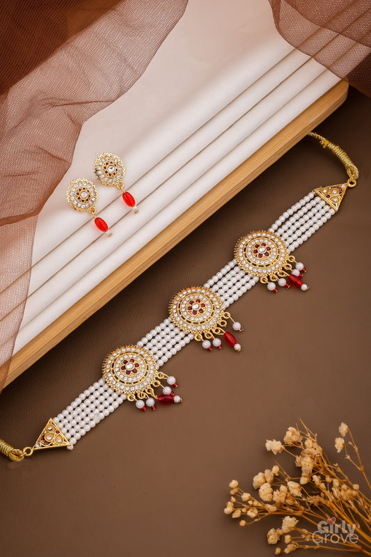 Royal Red Kundan Pearl Choker Set