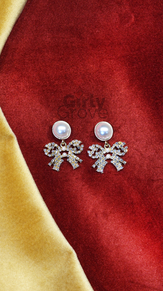 Crystal Bow Pearl Drop Earrings