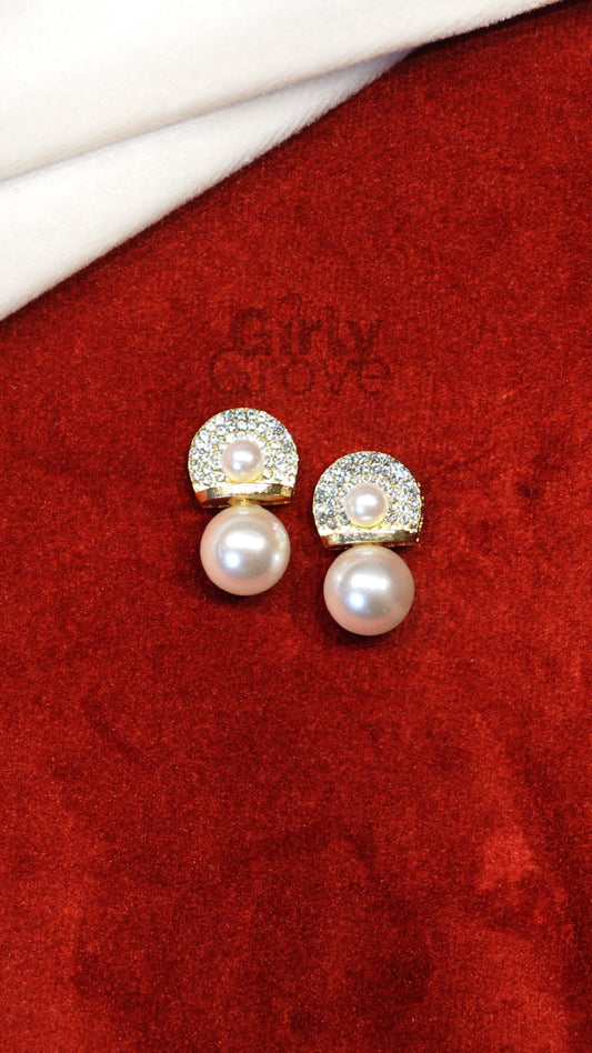 Royal Pearl Dangle Earrings with Black Gemstone Accent